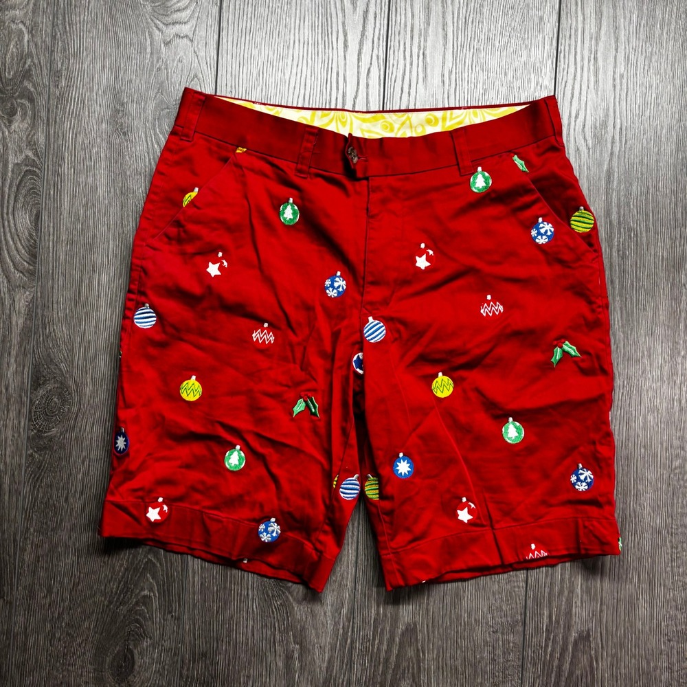 Loudmouth Golf Mens 32 Red Christmas Ornament Embroidered Shorts Holiday Festive
